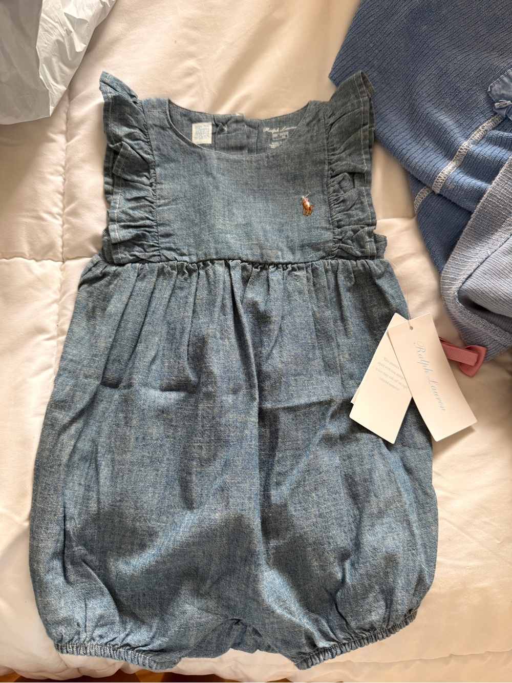 Ralph Lauren Chambray Ruffle-Sleeve Baby Romper - Denim Blue